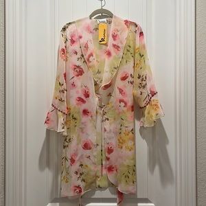Marjolaine Sz XS NWT vintage lingerie robe floral sheer flowy white pink green